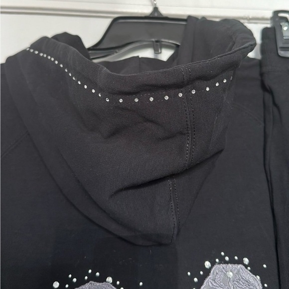 NWT BCBGMaxAzria Cotton Rhinestones Bows Hoodie Track Suit 2-Piece Blk/Silver XL - Picture 7 of 8